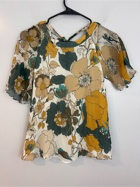 Massimo Dutti 100% Silk Floral Yellow/Green Tie Neck Short Flutter Sleeve Size 2